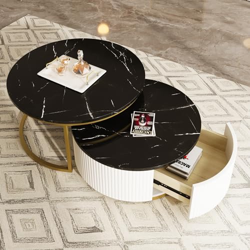 Modern Round Nesting Coffee Table Fluted with Drawer in White & Gold in 31.5''
