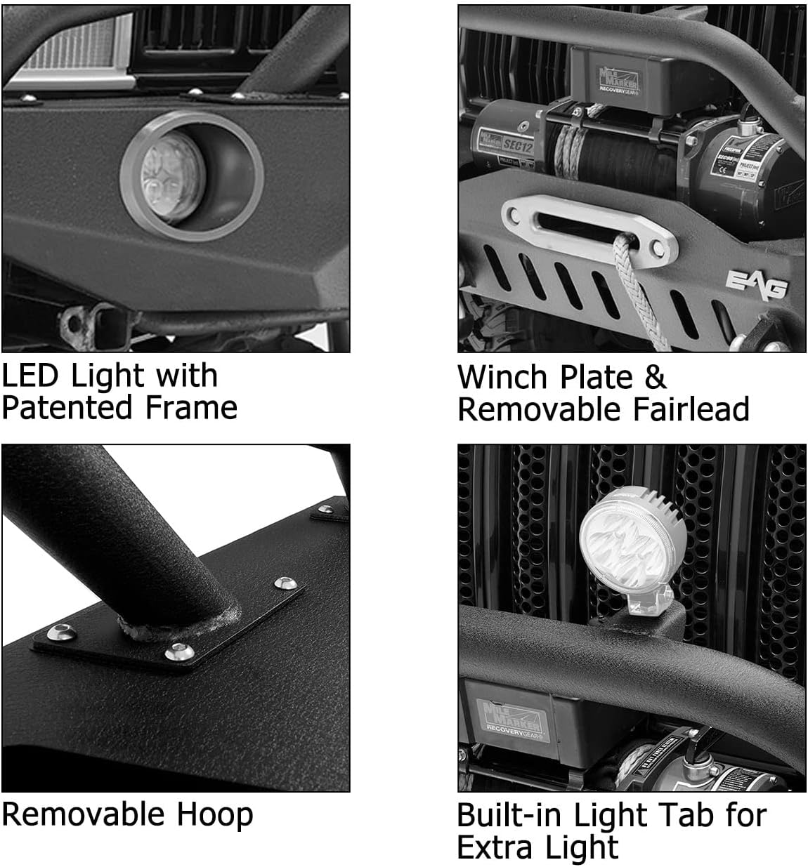 KML Front Bumper with LED Lights and Winch Plate Fit 1984-2001 Cherokee XJ / 1984-2001 Comanche MJ.