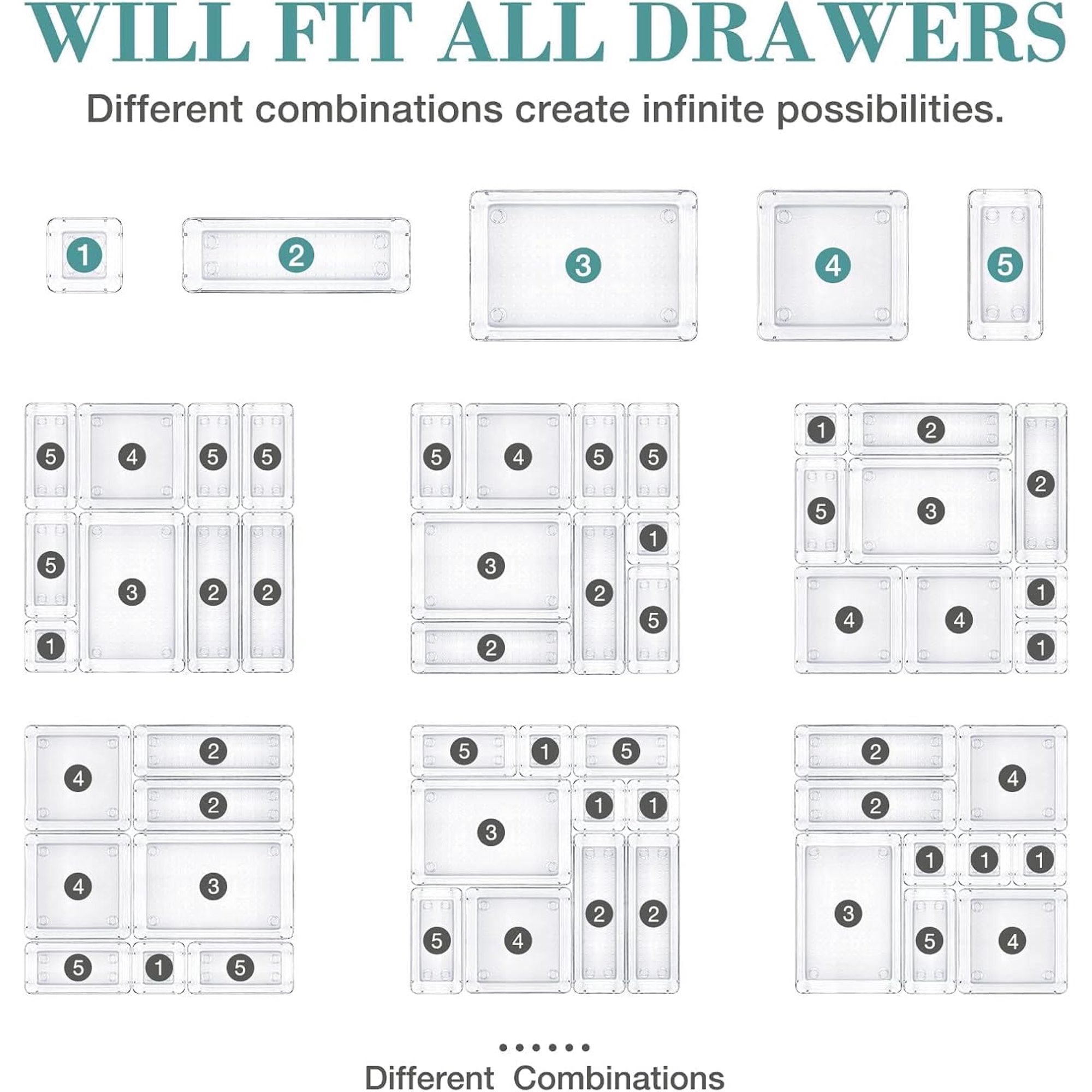 16 PCS Drawer Organizer Set, 5 Varied Size Bathroom and kitchen Drawer cabinet organizer Trays, Clear Storage Bins for Makeup, Jewelry, Utensils and Gadgets