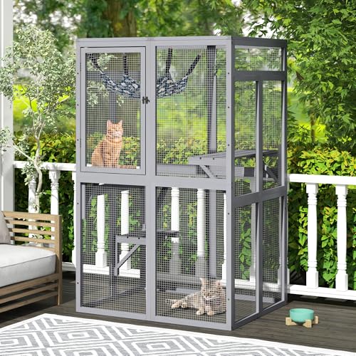 Catio Outdoor Cat Enclosure, Wooden Catio with Window Access for Patio, Indooe Kitty House (Black)