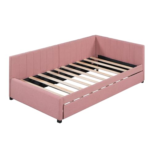 Full Size Upholstered Daybed with Smarter LED and Trundle, Teddy Fleece Sofa Bed with Ergonomic Design Backrest for Kids, Bedroom, Dorm (Beige#Teddy Fleece2, Full)