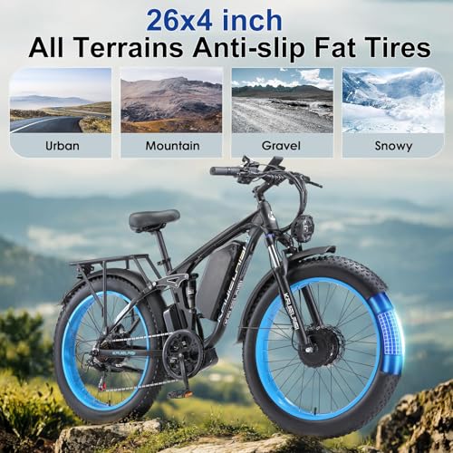 Electric Bike for Adults, 4000W Peak Power 26” Fat Tire Ebike, 34MPH AWD Dual Motor Electric Bicycles, 48V 23AH Removable Battery Fast Dual Hydraulic Brakes Electric Mountain Bike