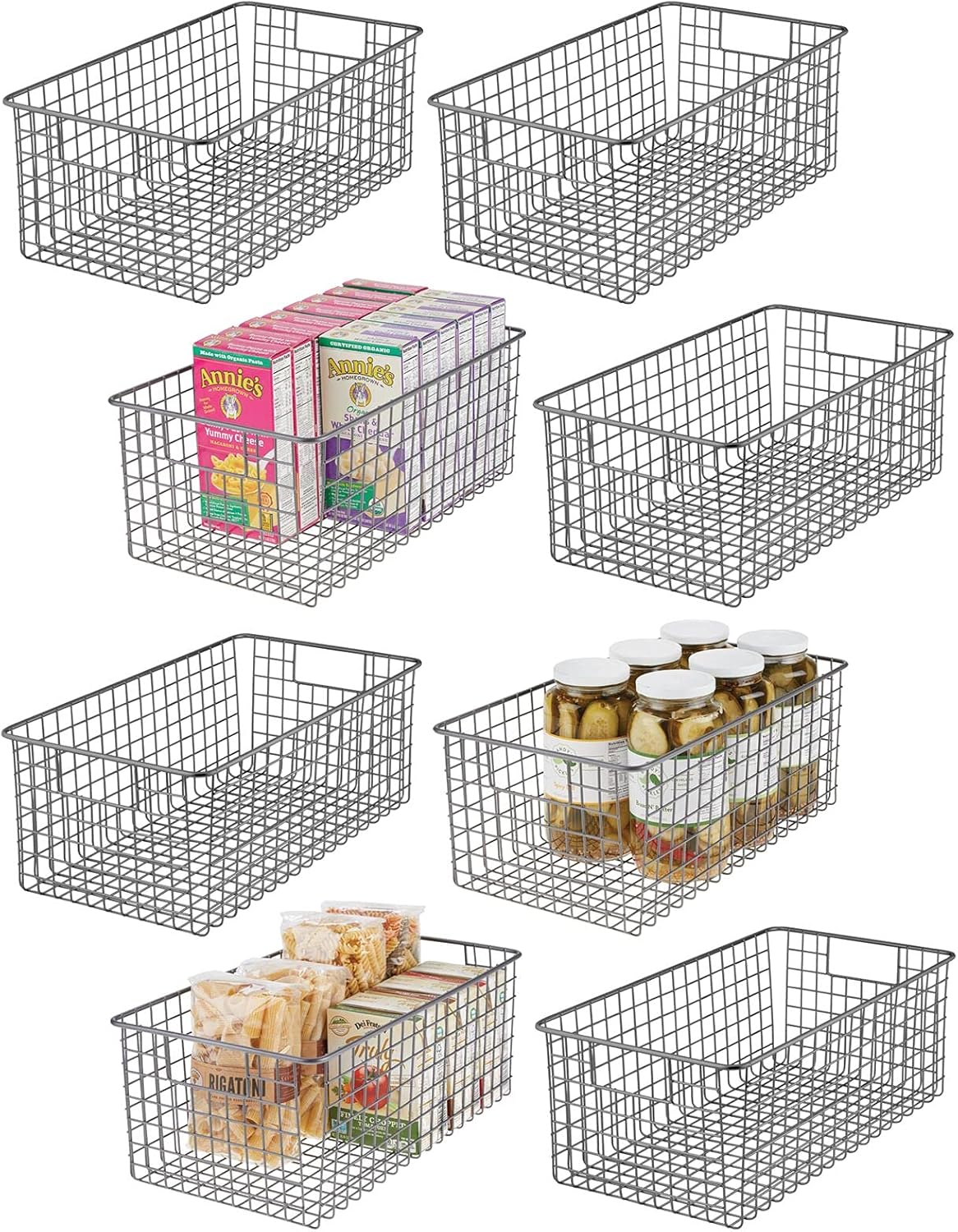 mDesign Farmhouse Decor Metal Wire Food Organizer Storage Bin Basket with Handles for Kitchen Cabinets, Pantry, Bathroom, Laundry Room, Closets, Garage - 8 Pack - Graphite Gray