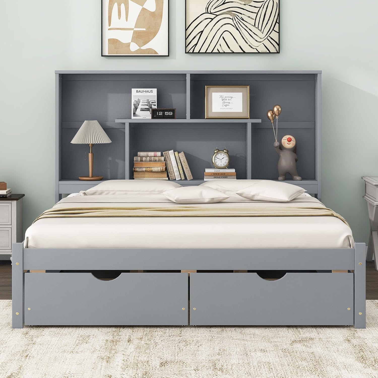 Queen Size Bed Frame, Wooden Platform Bedframe with Bookcase Headboard and 2 Storage Drawers, No Box Spring Needed, Gray
