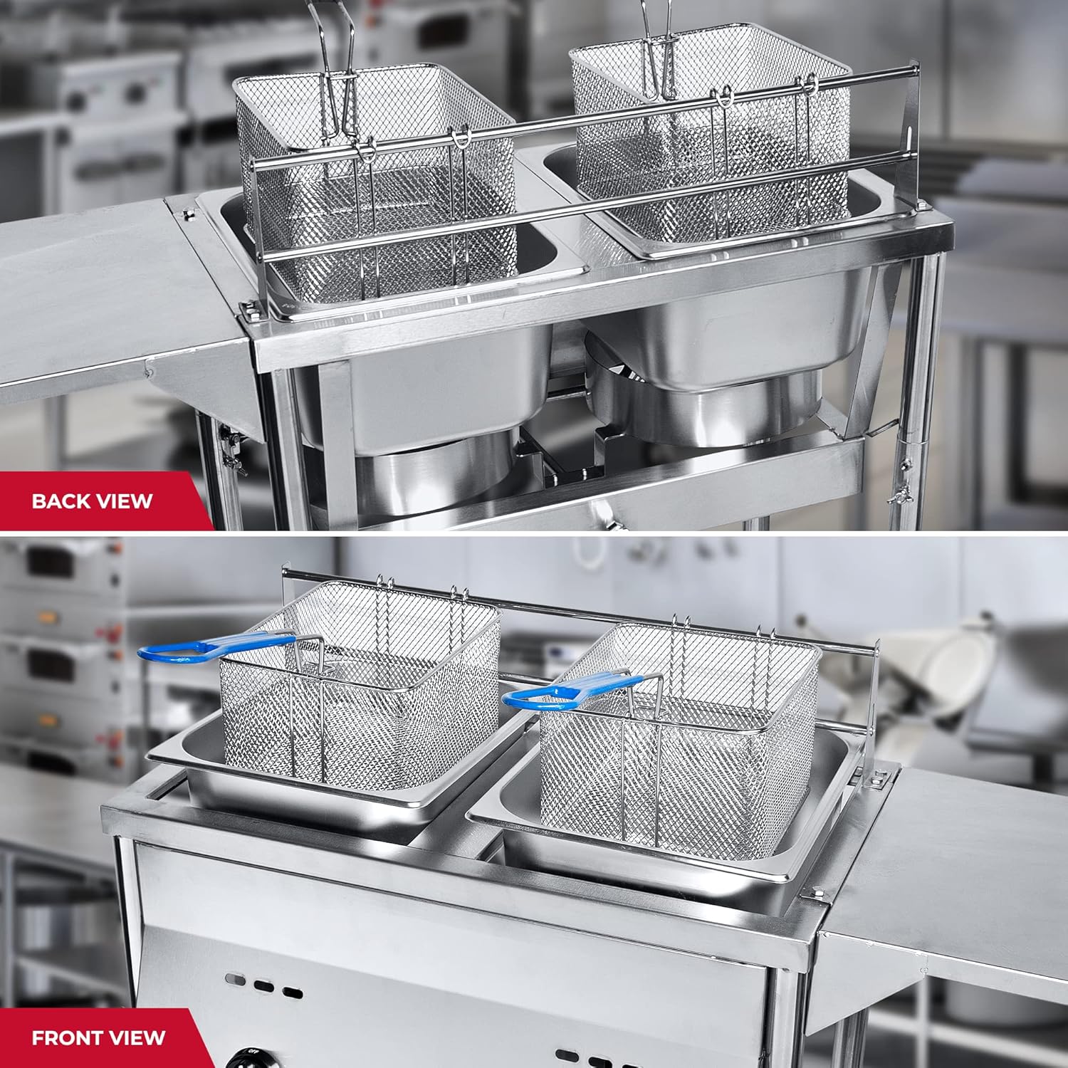 Silver Deep Fryer with Thermometer, Propane Deep Fryer with 2 Stainless Steel Baskets & Lids, Adjustable Temperature with Regulating Knobs