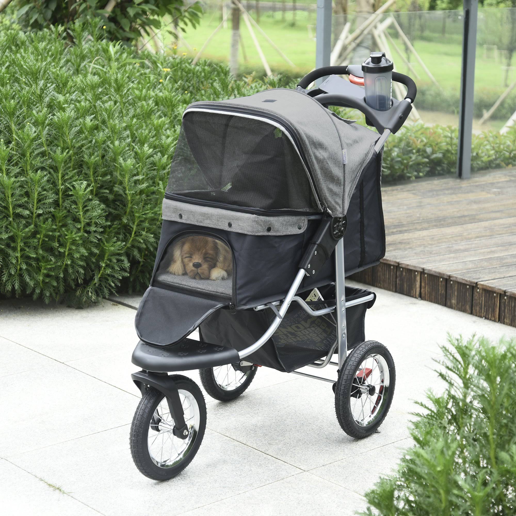 PawHut Luxury Folding Pet Stroller Dog/Cat Travel Carriage with Adjustable Canopy u0026 A Zippered Mesh Window Door - Grey