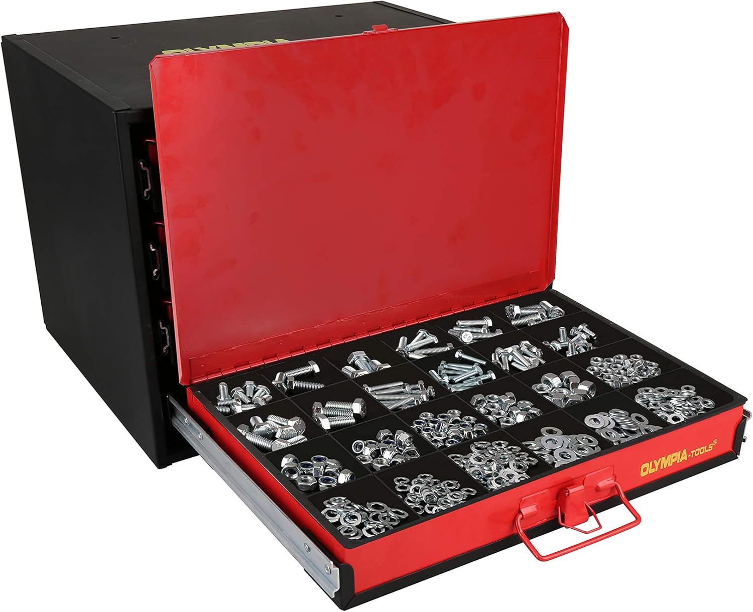 Olympia Tools 90-806 4-Drawer Hardware Organizer includes 2500-pieces Small Hardware, black/red