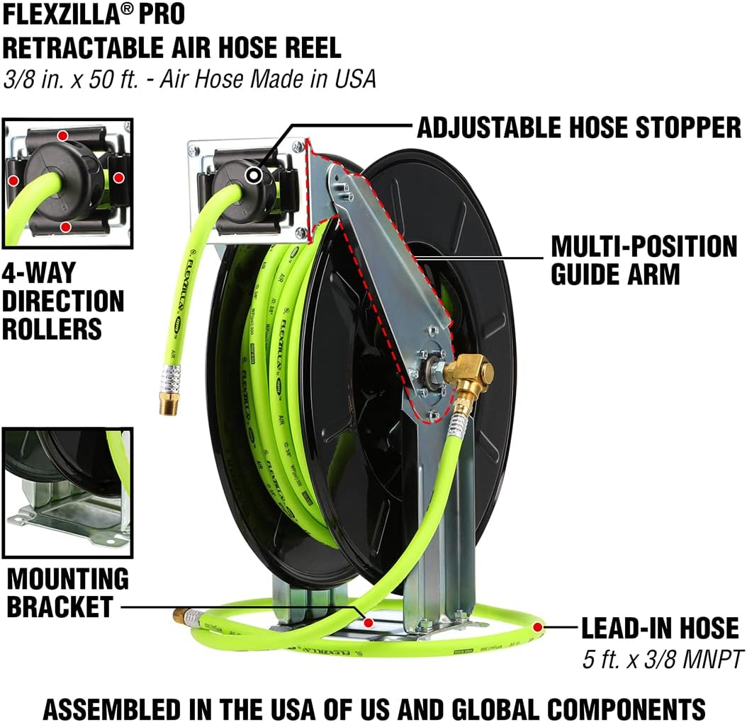 Flexzilla Pro Retractable Open Face Dual Arm Air Hose Reel, 3/8 in. x 50 ft., Heavy Duty, Lightweight, Hybrid, ZillaGreen - L8711FZ
