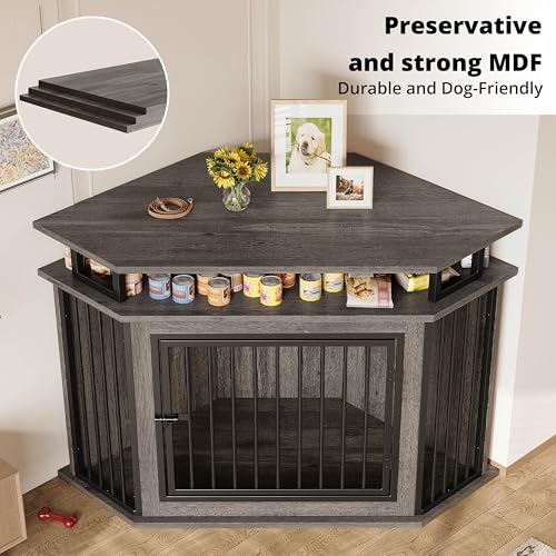 IRONCK 51" Corner Wooden Dog Crate Furniture with 2-Tier Shelves, Pet Kennel for Large Dogs, Space-Saving Dog Cage Indoor, Rustic Brown (26.7" L x 51.2" W x 33.5" H)