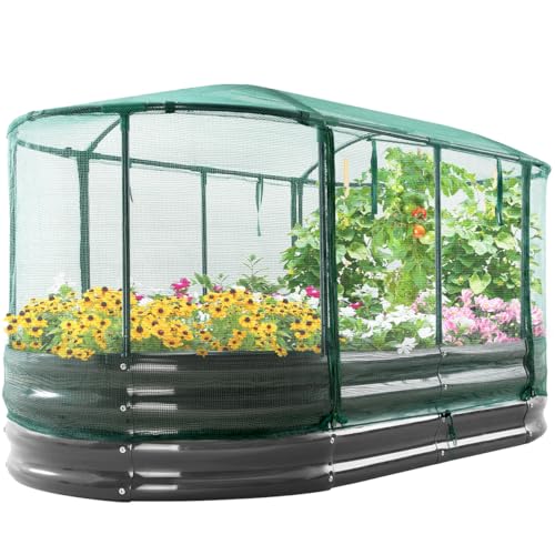 Quictent Galvanized Raised Garden Bed Kit with Anti-Bird Netting Mesh Cover, Large Oval Metal Outdoor Planter Garden Boxes for Vegetables Herbs Flowers, 6x3x1Ft