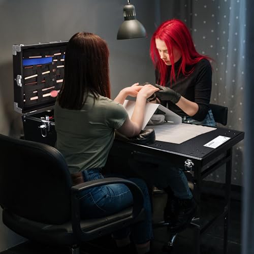 BYOOTIQUE Rolling Manicure Table Foldable Nail Table Makeup Train Case Tattoo Station Portable Nail Desk Workstation with 4 Drawers Mirror for Salon Travel, Black