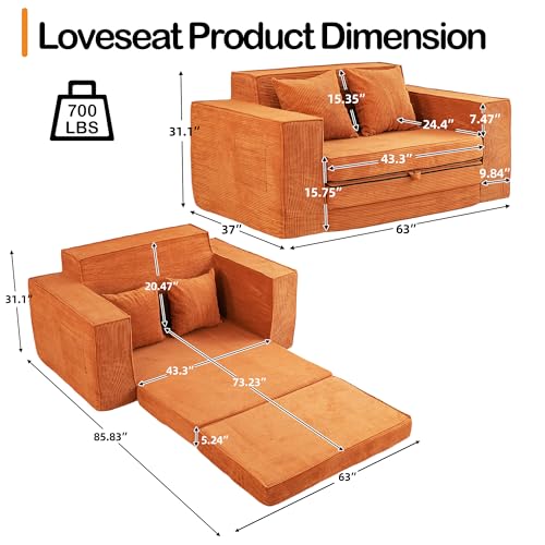 HOMREST 76" Convertible Memory Foam 3-seat Sofa, Pull Out Sleeper Sofa Bed, 2 in 1 Folding Couch Bed, Fold Out Floor Couch Corduroy Fabric with 3 Pillows for Living Room Bedroom Lounge (Grey)