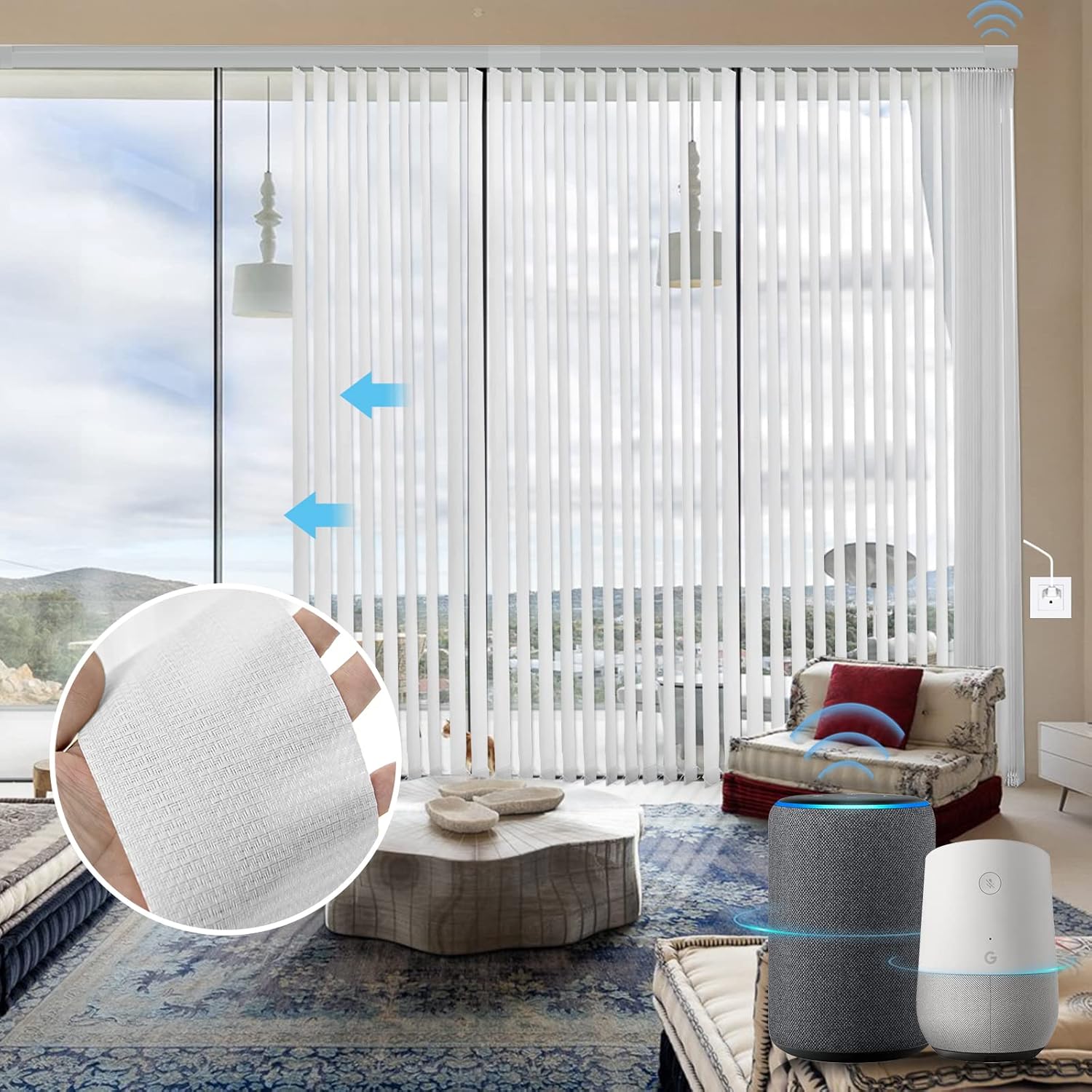Graywind Motorized Half Shading Vertical Blinds Compatible with Alexa Google Privacy Smart Vertical Blind Remote Control Track Slats Set for Sliding Doors No Valance, Width Up to 157, Textured Khaki