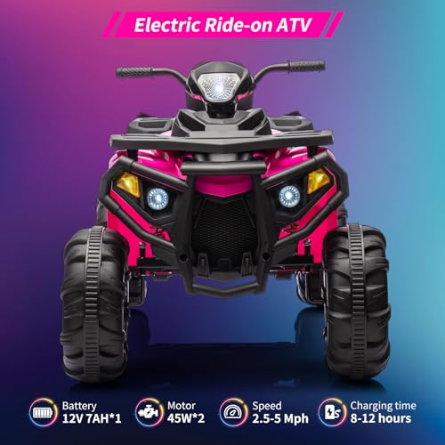 2 Seater Kids Ride On ATV 4 Wheeler Electric Vehicle for Big Kids Battery Powered Ride On Toy Car for Toddlers With Spring Suspension, Soft Start, LED Lights, High & Low Speed, Music, Black