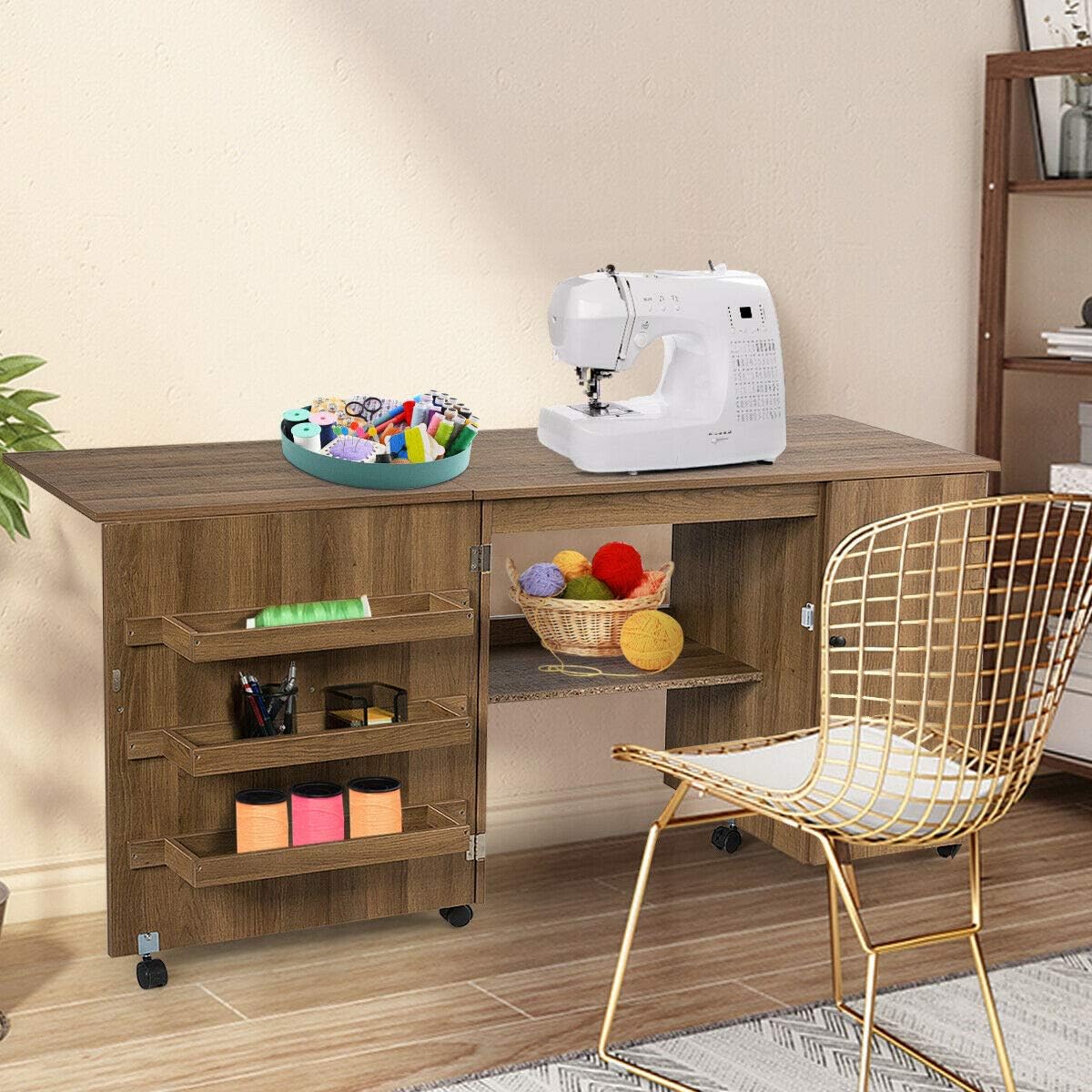 Multifunction Design Folding Sewing Craft Table Shelves Storage Cabinet Computer Desk Home Furniture with Wheels, Space-Saving,3 Storage Bins Natural