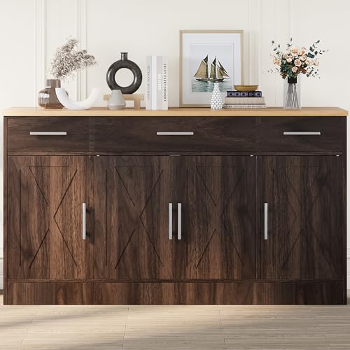 Shintenchi Buffet Cabinet with Storage,53.4" Large Kitchen Storage Cabinet with 3 Drawers and 4 Doors,Wood Farmhouse Buffet Cabinet with Adjustable Shelf for Kitchen Living Room,Brown