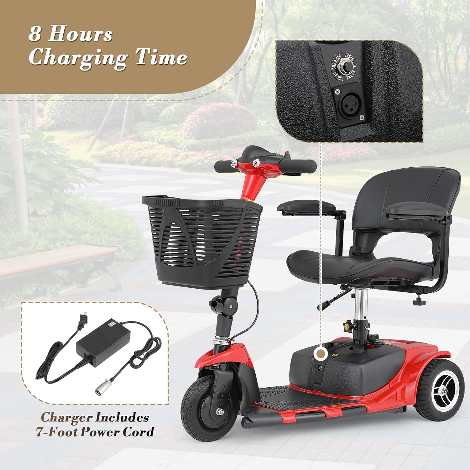Athena Collection 3 Wheel Mobility Scooter Electric Wheelchair Scooter with Seat for Adults Seniors, Foldable Power Motorized Scooter Long Range Battery with Charger Headlights Basket, Red
