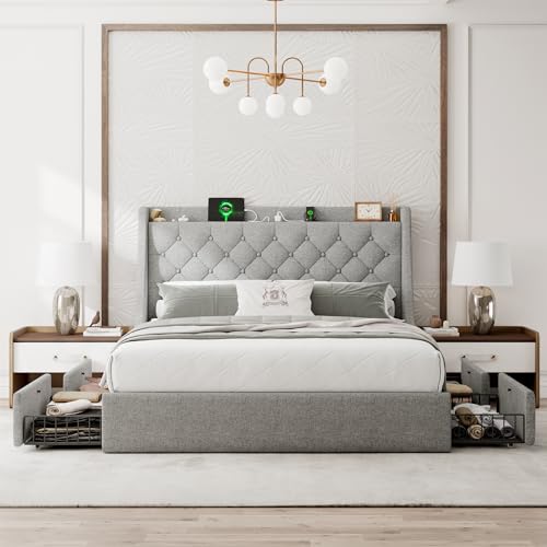 Upholstered Full Size Bed Frame with 4 Storage Drawers, Platform Bed Frame with Wingback Headboard, Charging Station, No Box Spring Needed, Beige
