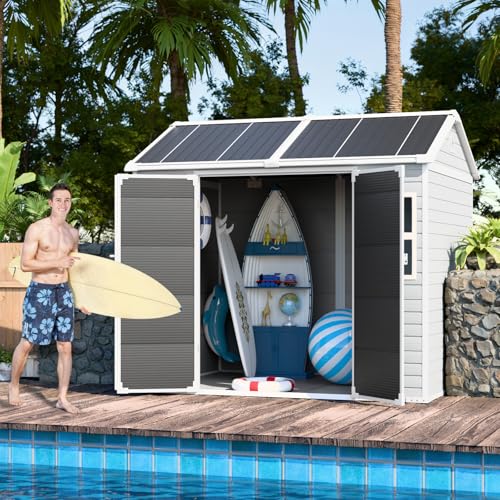 CDCASA 8x6 FT Resin Storage Shed, Waterproof Large Outdoor Sheds with Floor & Lockable Door & 2 Windows, Plastic Tool Shed for Outside, Backyard, Patio, Poolside, Bike, Dove Grey