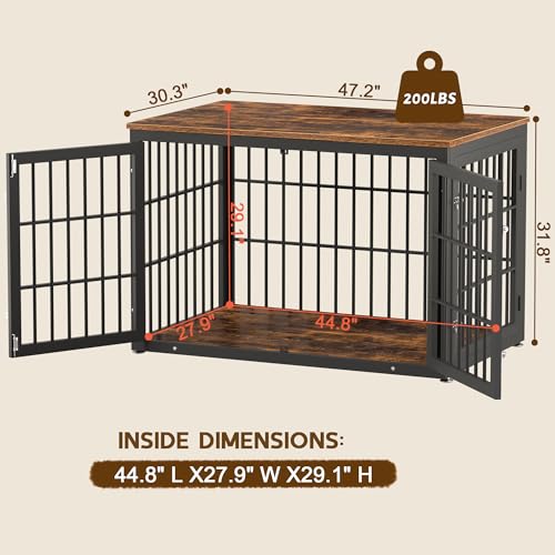 48 Inch Heavy Duty Dog Crate Furniture for Large Dogs, Decorative Pet House End Table, Extra Large Wooden Cage Kennel Furniture Indoor, Natural and White