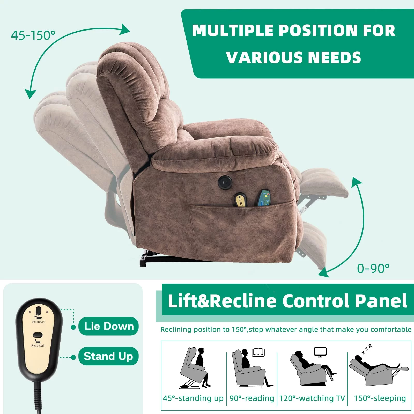 VIVIJASON Heavy Duty and Safety Motion Overstuffed Recliners with Heat & Massage for Elderly People, Large Electric Power Lift Recliner Chair with 2 Remote Controls, Side Pockets & USB Ports, Brown
