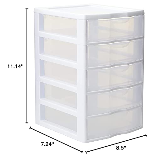 Sterilite Small 5 Drawer Desktop Storage Unit, Tabletop Organizer for Desk, Countertop at Home, Office, Bathroom, White with Clear Drawers, 12-Pack
