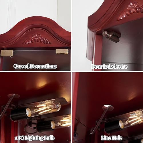 AMNOOL Glass Cabinet Lighted - Antique Style Corner Curio Display Cabinet with Adjustable Shelves - Ideal for Wine, Books, and Collectibles - Push-to-Open Doors with Elegant Illumination (Cherry)