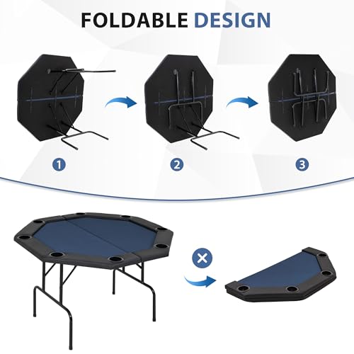 Poker Table Foldable with Double Top, 8 Player Octagonal Poker Table with Chips, Cup Holder, Casino Texas Holdem Table, Felt Blue