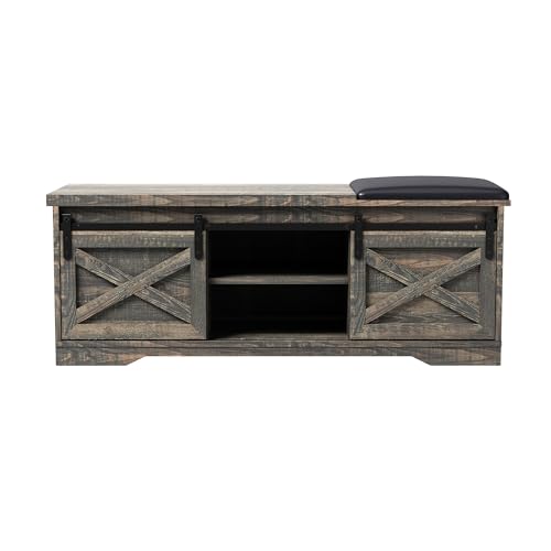 47" Shoe Bench Entryway with Storage,Farmhouse Shoe Bench with Sliding X Barn Door, Entryway Bench with Storage Space and Padded Cushion,2-Tier Shoe Bench for Entryway,Living Room(Antique Gray)