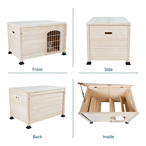 Petsfit Large Dog House with Terrace & Openable Asphalt Roof, 45" L x 54" W x33 H, XL Dog House Outdoor with Elevated Floor, Window & Door Flap, Outdoor Dog House for Large Dogs
