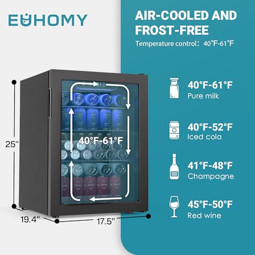 EUHOMY 100 Can Beverage Refrigerator cooler-Mini Fridge Glass Door for Beer Drinks Wines, Freestanding Beverage Fridge with Adjustable Shelves Blue LED for Home/Office/Dorm/Bar, 2.7 cu.ft