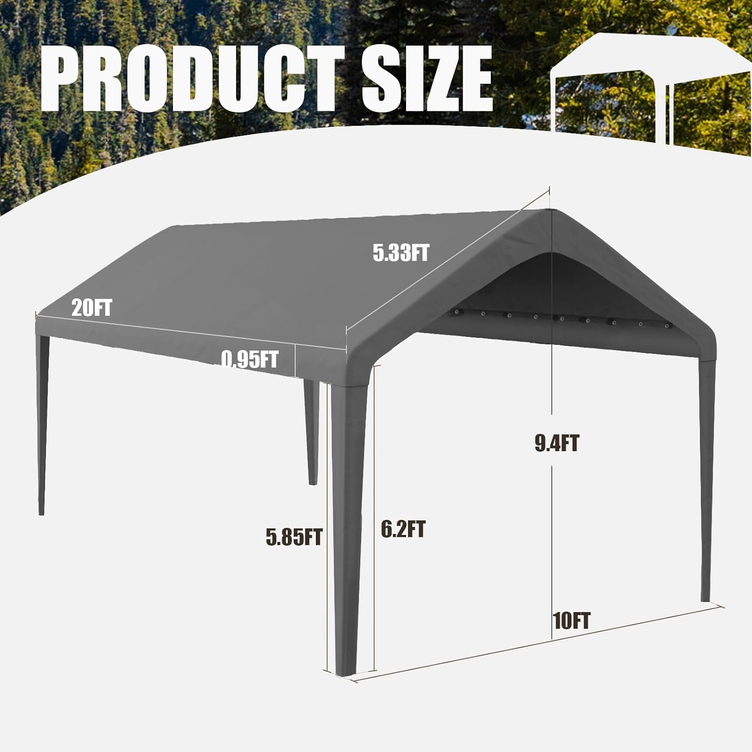 10x20 Carport Replacement Canopy Cover for Tent Top Garage Shelter Cover with Ball Bungees, 800D Oxford Replacement Cover Waterproof & UV Protection, Not Included Frame (Dark Gray)