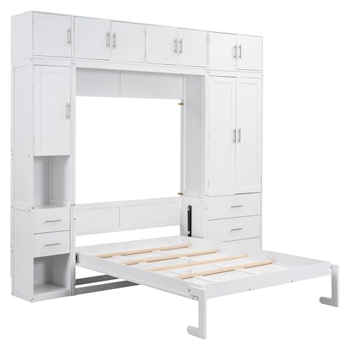 Harper & Bright Designs Full Size Murphy Bed Wall Bed with Lockers and Wardrobes, Wooden Folding Murphy Cube Cabinet Bed for Bedroom, Guest Room or Home Office, Easy Assembly (White, Full)