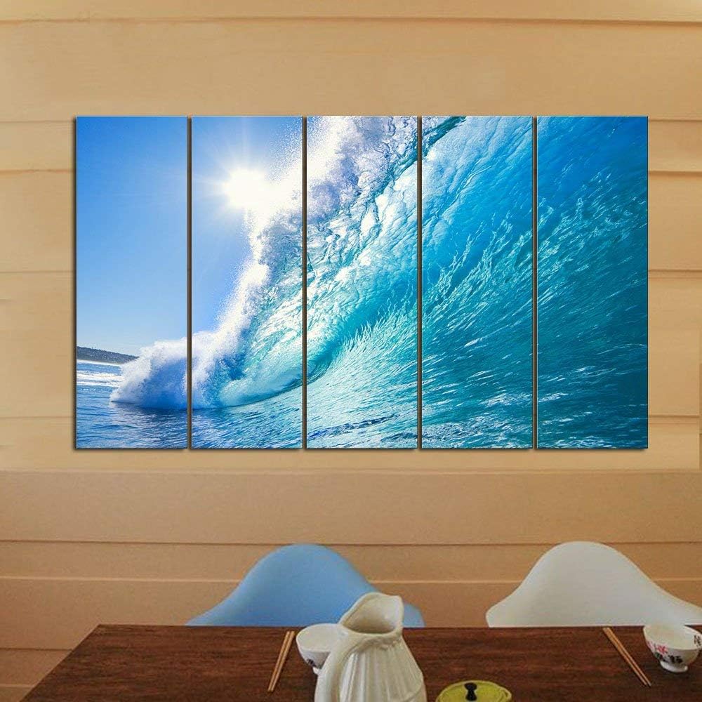 Wieco Art Sea Waves Large 5 Piece Modern Framed Giclee Canvas Prints Seascape Artwork Ocean Beach Pictures Paintings on Canvas Wall Art Ready to Hang for Living Room Bedroom Home Office Decorations