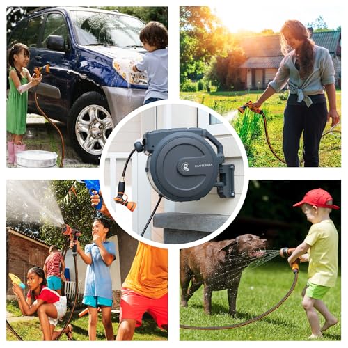 Giraffe Tools Hose Reel 1/2‘’ 78ft, Heavy Duty Retractable Garden Hose Reel with Any Length Lock, Slow Return System, Wall Mounted and 180 Deg Swivel Bracket