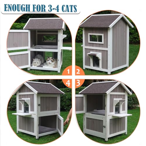 Rockever Outdoor Cat House, Large Outdoor Houses for Feral Cats Wooden Outside Cat Shelter Weatherproof with Escape Door