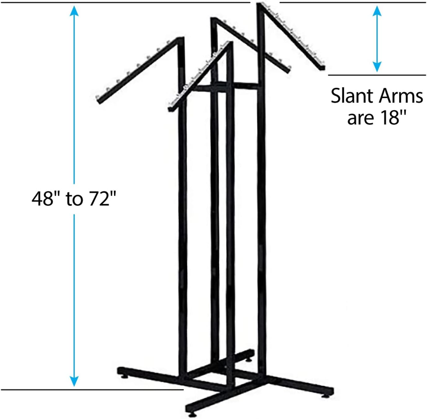 SSWBasics Black 4 Way Adjustable Clothing Rack with Slanted Arms - Retail Clothing Rack Display - Adjustable Height Arms from 48" to 72" Perfect for Clothing Stores