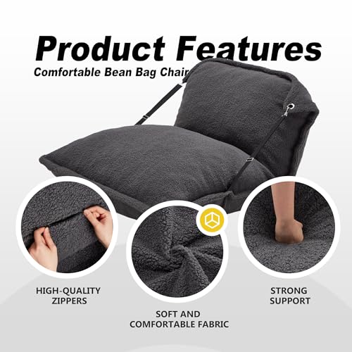 Homguava Giant Bean Bag Chair, Bean Bag Sofa with Adjustable Backrest, Bean Bag Bed with Filling and Detachable Sherpa Cover, Large Bean Bag Floor Sofa for Gaming Living Room Bedroom (Grey)