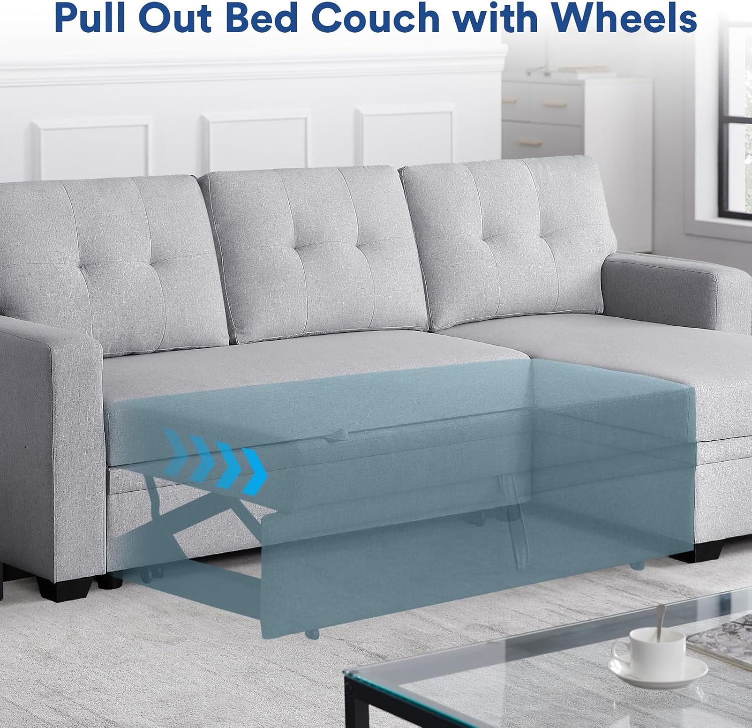 4-in-1 Convertible L Shaped Couch with Pull Out Bed and Storage Sectional Sleeper Sofa with Reversible Chaise for Living Room, Apartment, Bedroom, Office, Light Gray