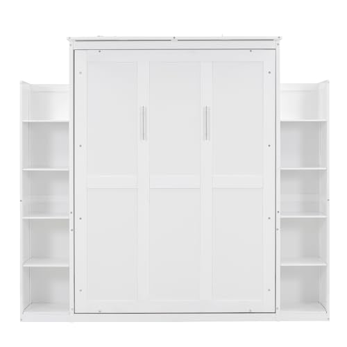 Full Size Murphy Bed Wall Bed with Shelves and Led Lights, Easy Fold Wood Wall Bed, Space-Saving Murphy Bed Cabinet for Guest Room Home Office, White