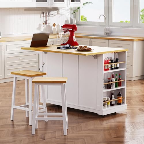 53" Rolling Large Kitchen Island Set with Power Outlet,Mobile Carts with Storage Cabinet,Extra Drop Leaf,3 Drawers and 5 Open Side Racks,Wood Table for Dining Room (Island & Stools)