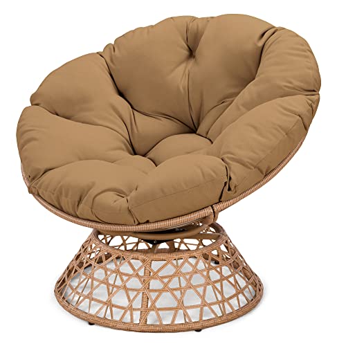 Wicker Papasan Chair with Cushion and 360 Degree Swivel Base - Thickened Rattan Swivel Papasan Chair with Cushion and Frame, Oversized Reading Chair for Living Room, Dark Blue
