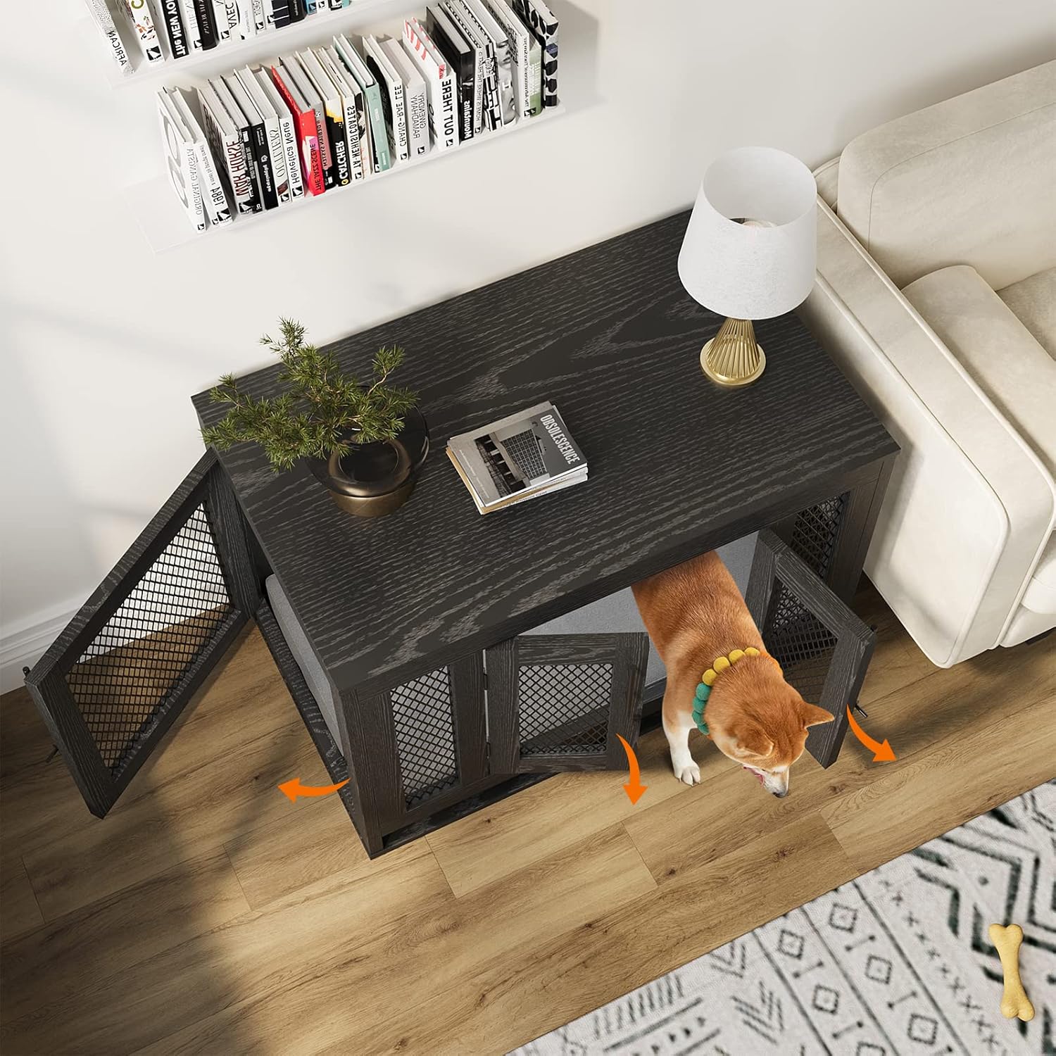Furniture Style Dog Crate with Tray and Cushion, Double Doors Wooden Dog Kennel End Table, Decorative Pet Crate House Cage Indoor for Small Medium Dogs