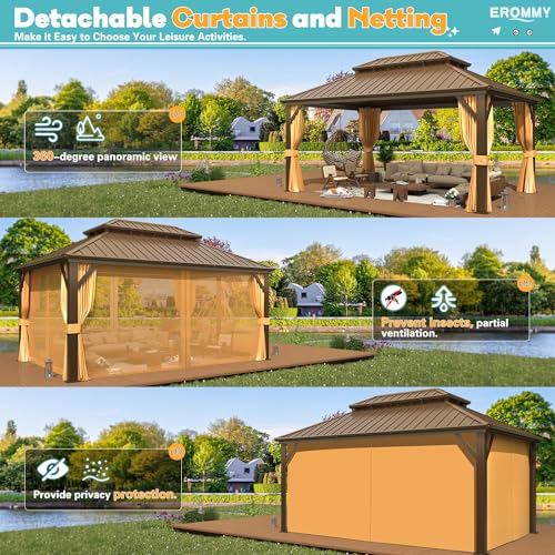 EROMMY 14'x20' Hardtop Gazebo Double Roof Galvanized Steel Canopy Outdoor Aluminum Frame Permanent Metal Pavilion with Netting and Curtains for Patio Backyard Deck and Lawns