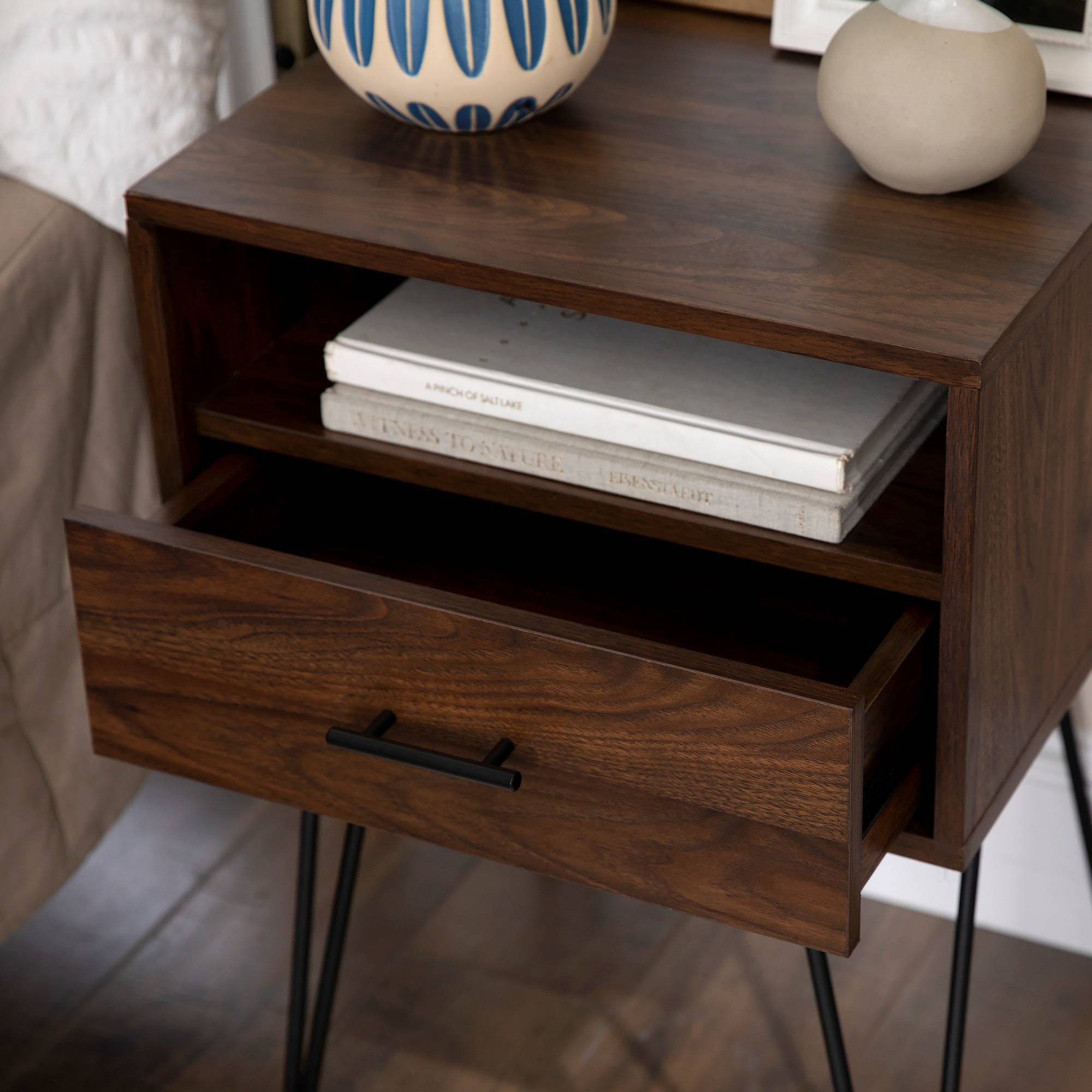 Amal Modern Single Drawer Hairpin Leg Side Table Dark Walnut - Saracina Home