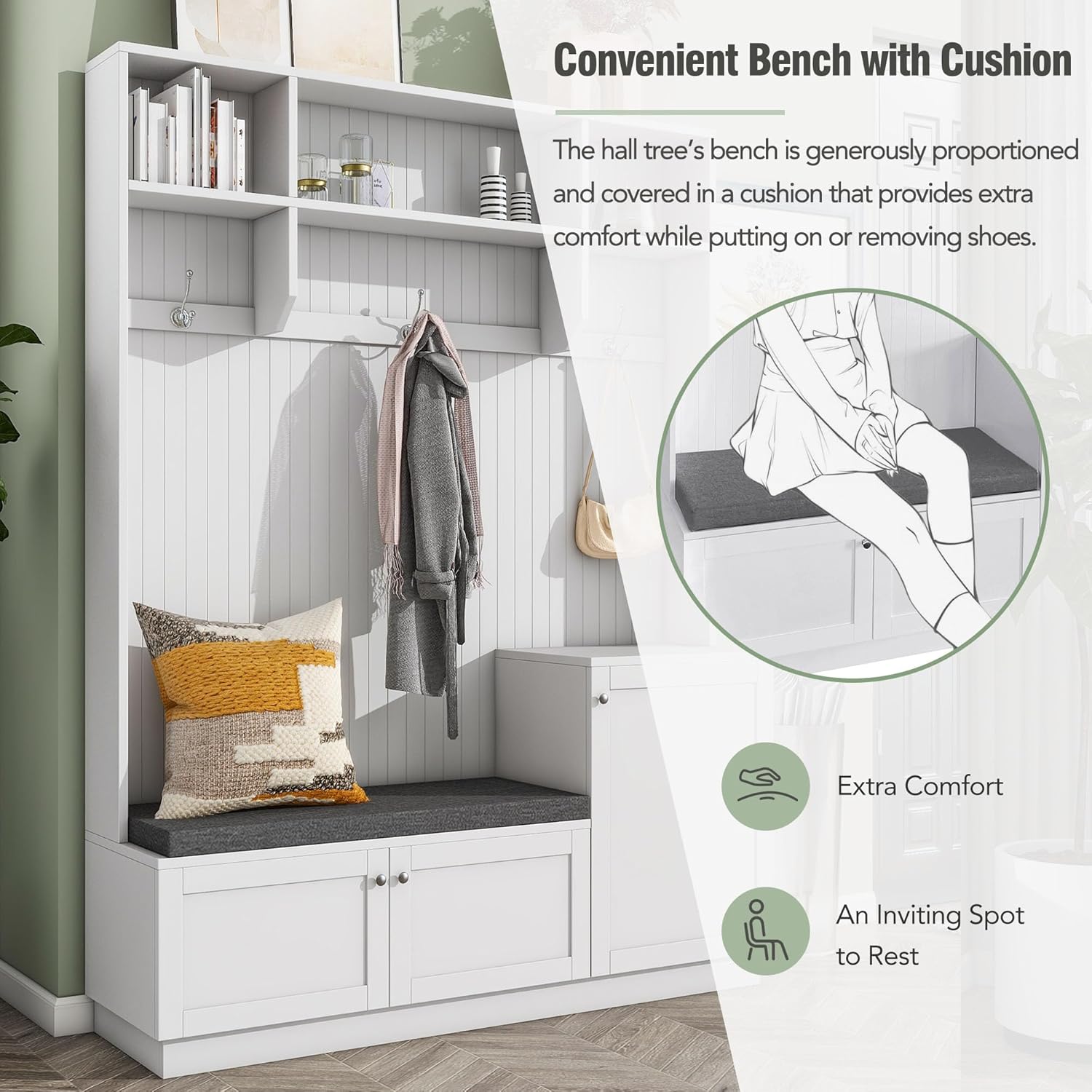 Entryway Hall Tree with Cushion Bench, Shoe Storage Cabinets, 3 Shelves and Hooks, 4-in-1 Elegant Design Coat Rack for Hallway, White