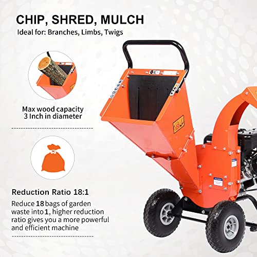 C30 Wood Chipper Shredder Mulcher 7 HP 212cc Heavy Duty Rotor Engine Gas Powered 3 inch Max Wood Diameter Capacity 20:1 Reduction Ratio
