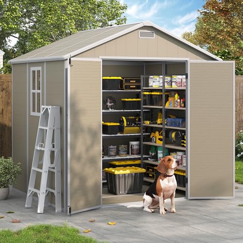 Outdoor Storage Shed, 6x6 FT Resin Shed with Floor and Lockable Door, Window, Vents, Tool Sheds and Outdoor Storage for Bike, Garden Accessories, Tools, Waterproof (Grey & White)