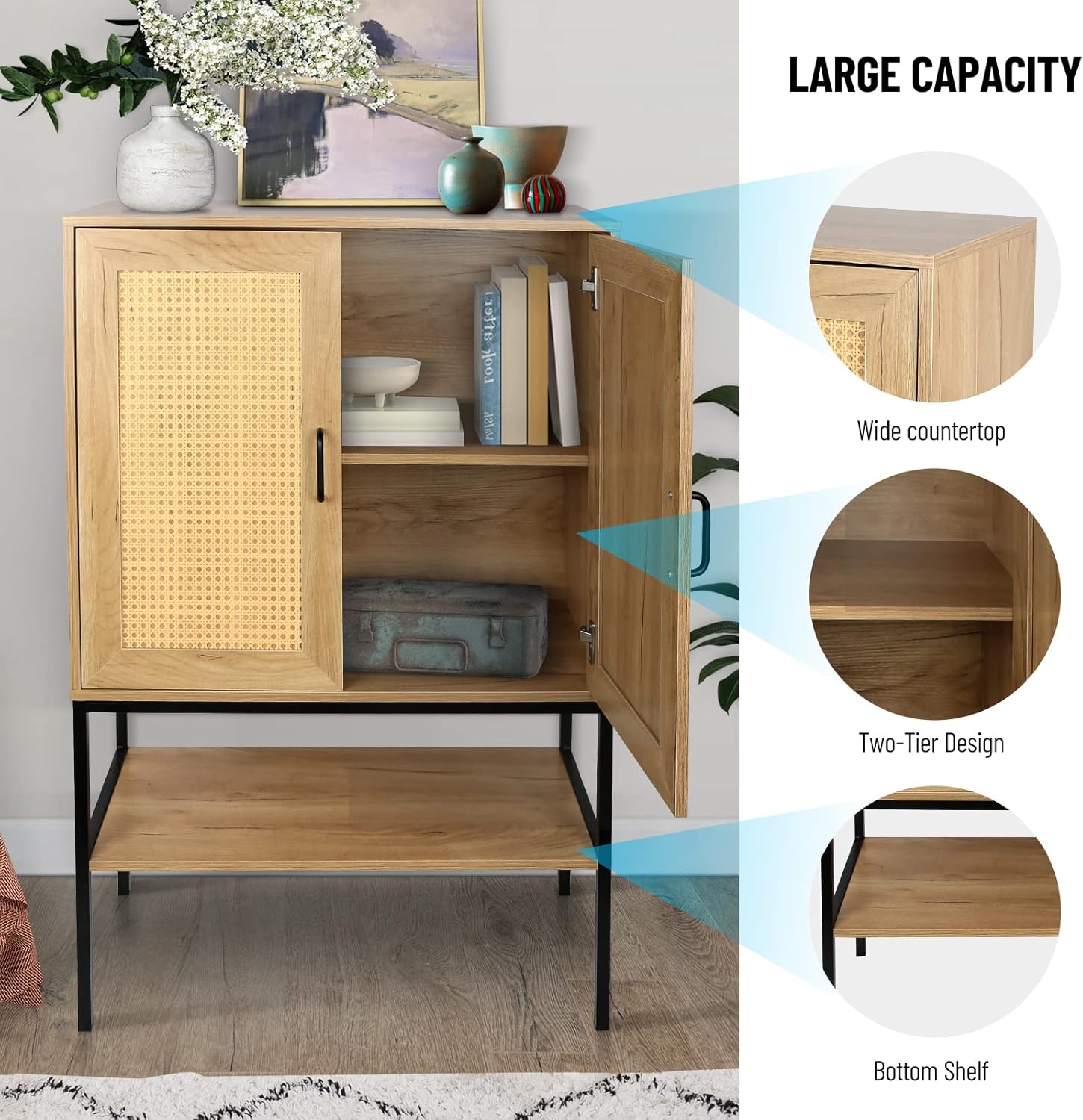 Elegant Cabinet with 2 Rattan Doors Bedroom Living Room Kitchen Cupboard Wooden Furniture with Bottom Shelf Easy Assembly Natural Color