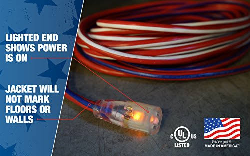 Southwire 2549swusa1 100-Feet Contractor Grade 12/3 Extension Cord with Lighted End; Red White and Blue American Made Extension